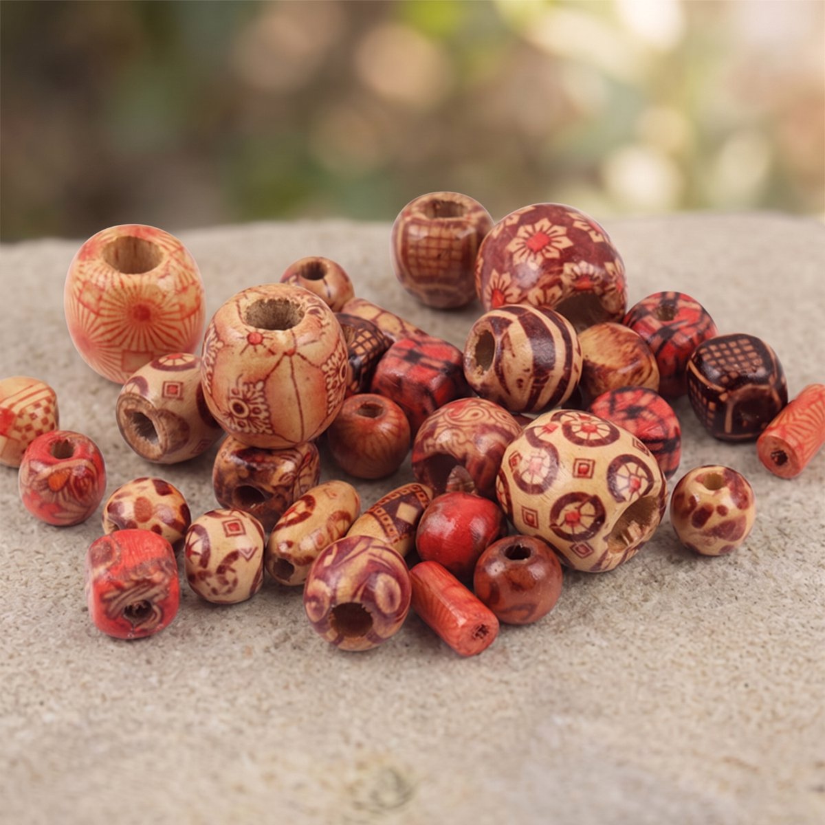KREATIVESPUR - 50 stuks - Houten Kralen Set Multicolor - DIY Sieraden Maken - Tribal Print - 3/12mm