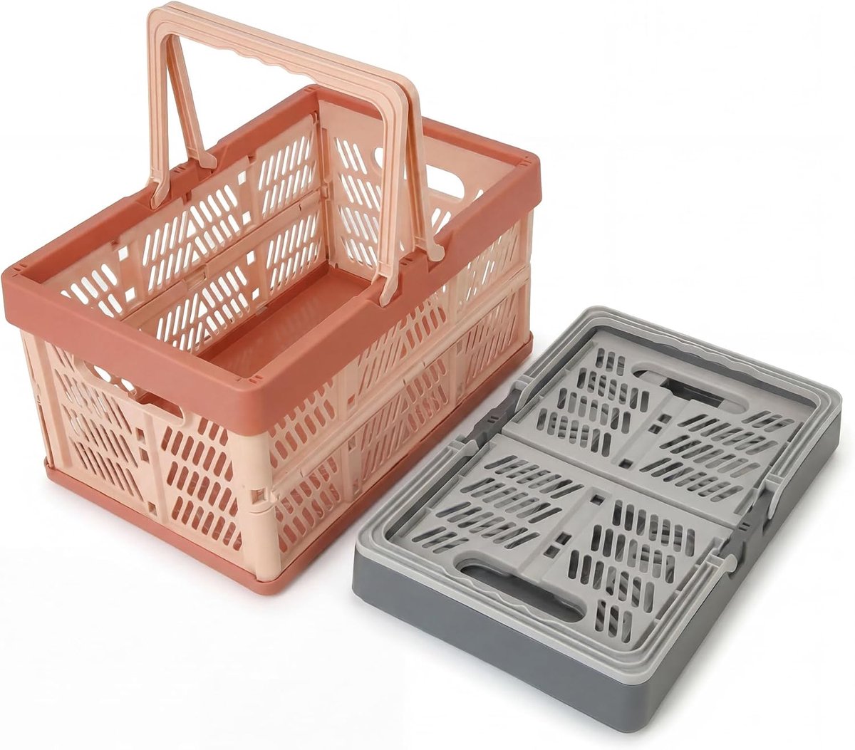2 stuks opvouwbare kratten opbergdozen met handgrepen, 38 x 25 x 20 cm, opvouwbare winkelmanden, opvouwbare opbergkratten voor thuiskantoor (grijs + roze)