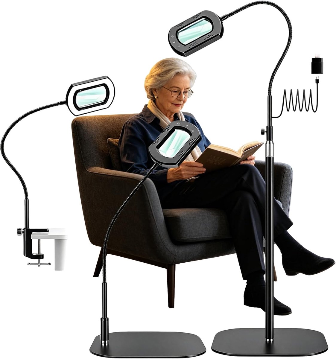 10x vergrootglas met licht en standaard, 3-in-1 vergrootlamp met 60 leds en 5 kleurmodi, grote flexibele zwanenhals, vergrootlamp voor senioren en knutselen, slaapkamer, woonkamer, kantoor