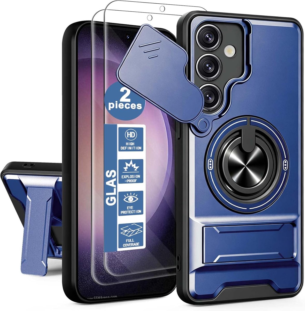 Beschermhoes voor Samsung S24, 2 stuks, gehard glas, camerabescherming met verschuifbare camera, houder, compatibel met draadloos opladen, blauw