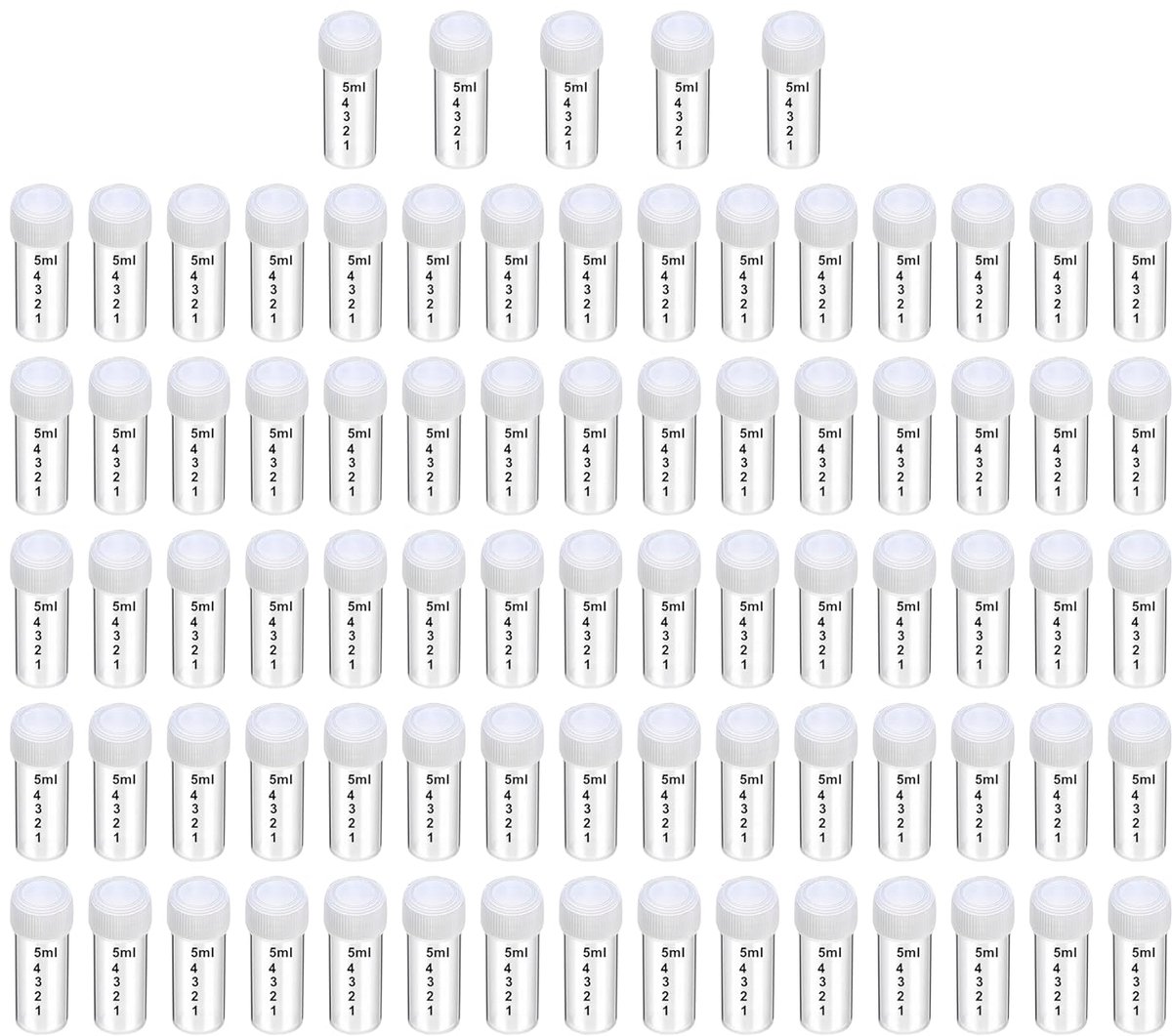 Testbuizen 5 ml - transparant plastic - met afdekkap en afmetingen - ideaal voor vloeistoffen en poeders - ShopVlot