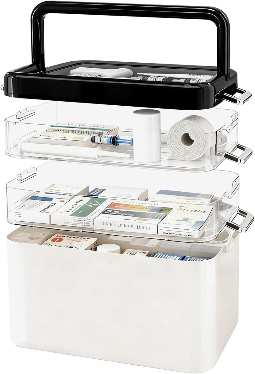 Dailygoods- Medicijnopslag 3 lagen - Kunststof Medicijnbox - Multifunctionele Medicijnorganizer - Handvat - 31,5 x 21,5 x 29 cm - Duurzaam en stofdich