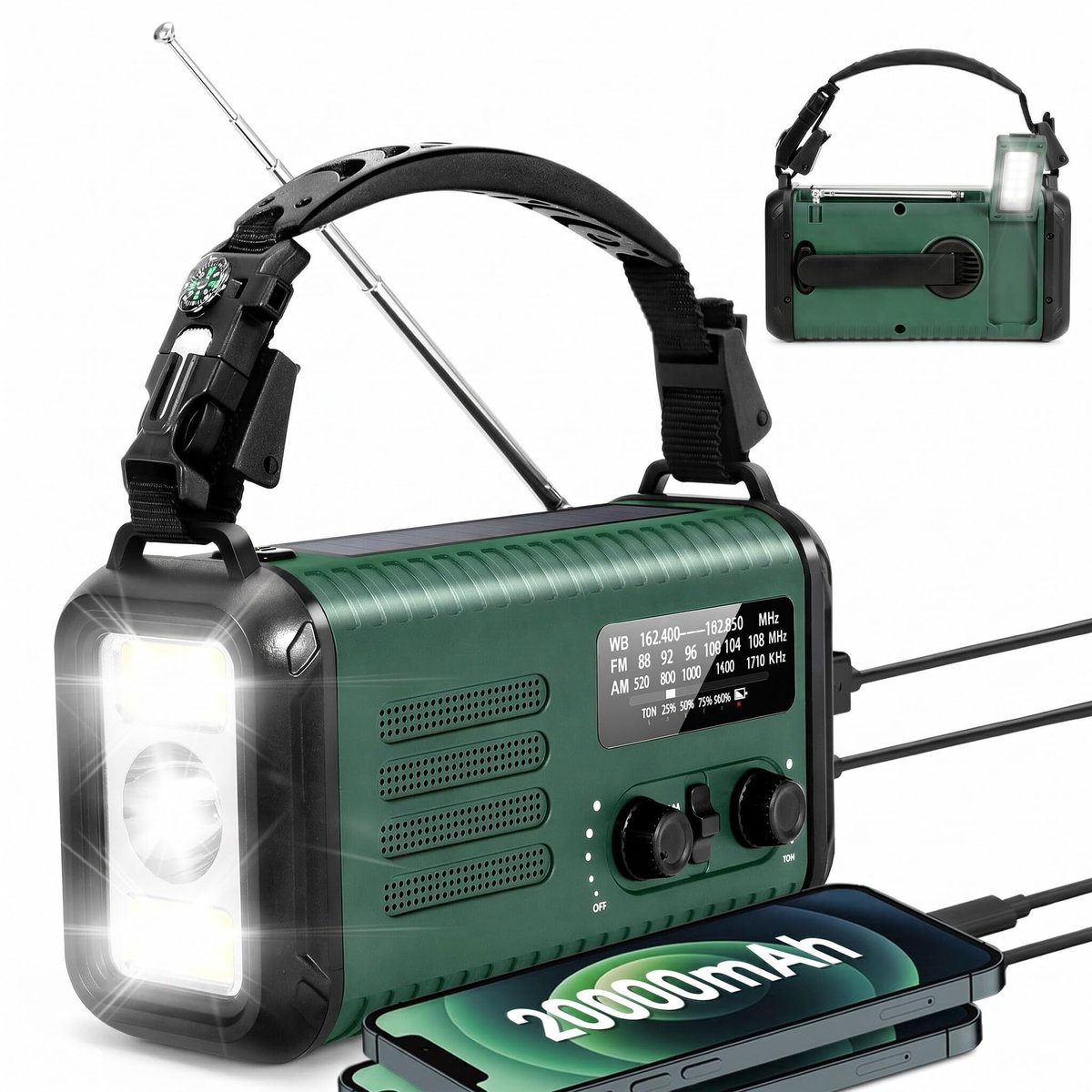 Dailygoods- NOAA Weer Radio - Opwindbaar/Solar - 20000 mAh Oplaadbare Batterij - Draagbare Radio - Zaklamp/SOS Alarm - AM/FM Ontvangst - Noodradio