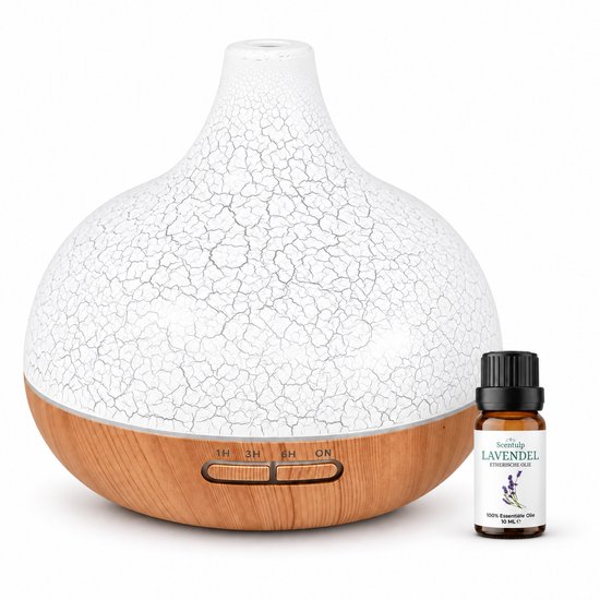 Ronde diffuser met witte gebarsten afwerking en houten voet, naast een flesje lavendelolie.