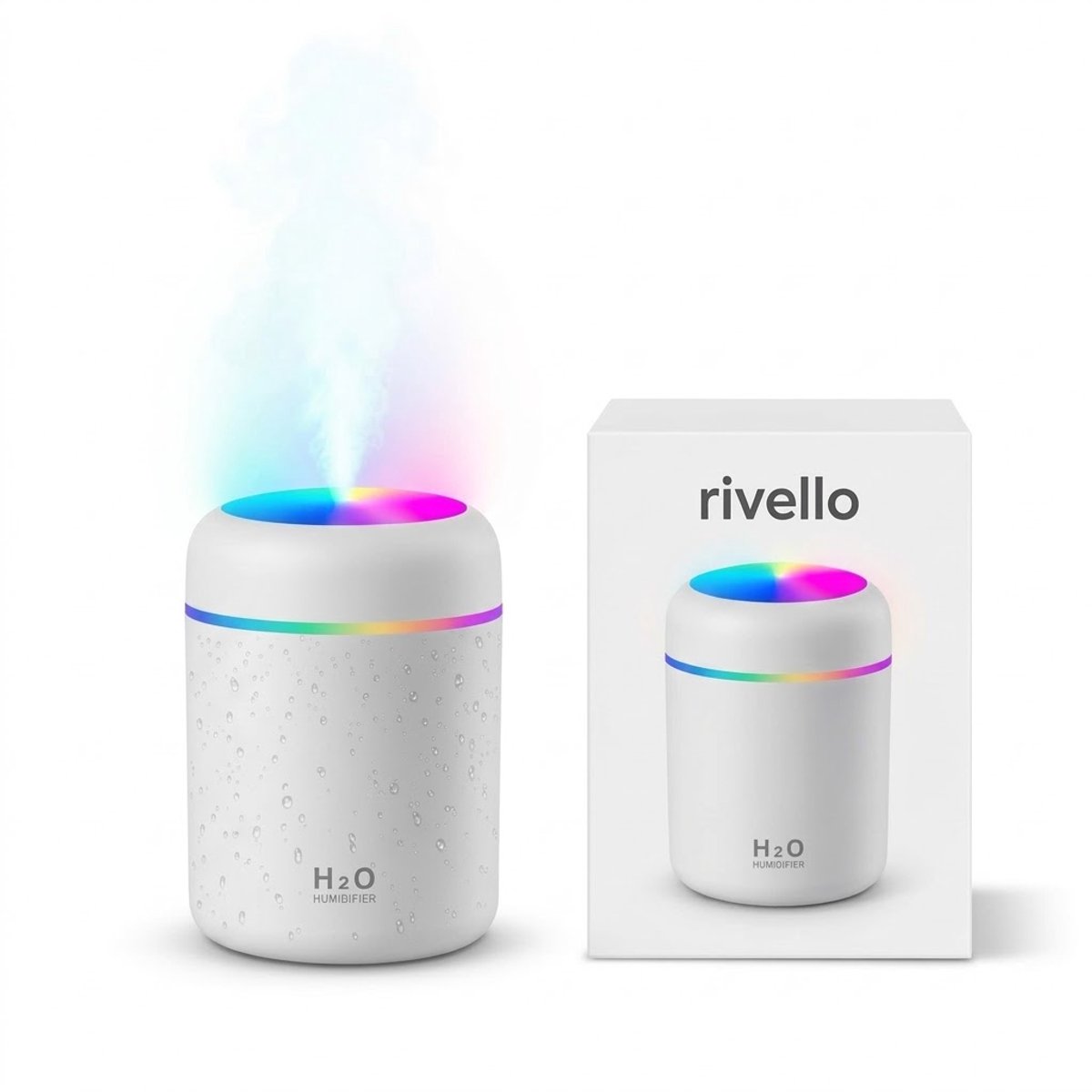 Rivello Luchtbevochtiger- 300ML - Compact & Praktisch - Aroma Diffuser - Luchtbevochtiger Met Aromatherapie - Luchtreiniger - Incl. Led Verlichting - Slaapkamer - Wit