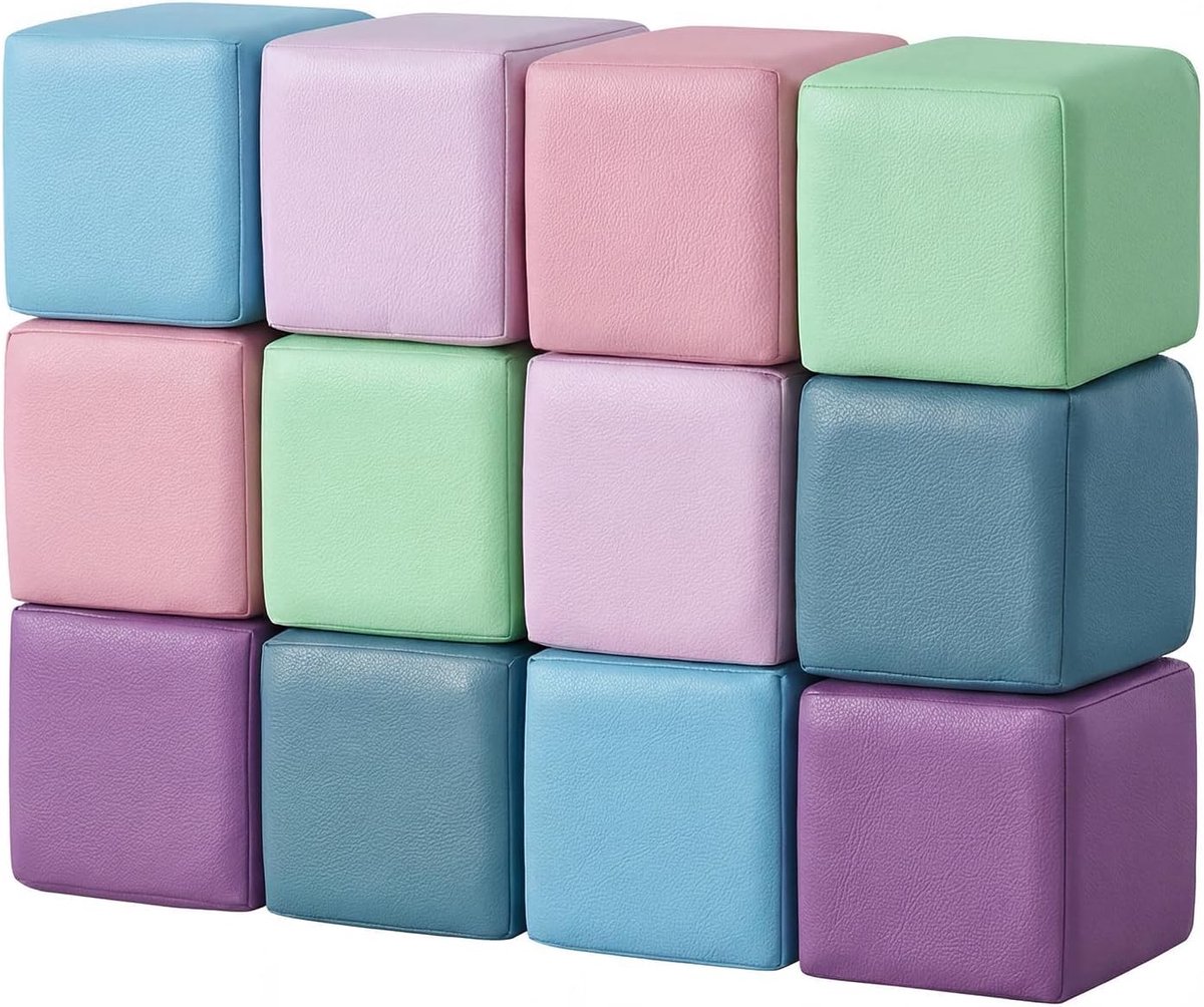 Zachte speelsets binnen: 12 stuks PU-lederen baby zachte schuimbouwstenen - gigantische stapelblokken - zachte speelapparatuur voor peuters voor motorontwikkeling