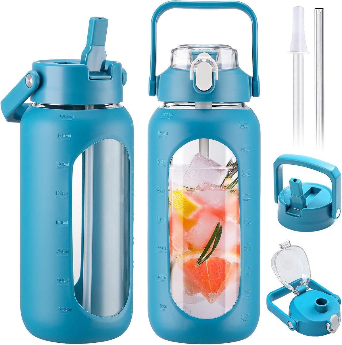 Glazen waterflessen van 2000 ml met 2 deksels, klapdeksel en uitloopdeksel, halve gallon waterfles met rietje, 2 liter grote waterfles met tijd- en capaciteitsmarkeringen voor sportschool,