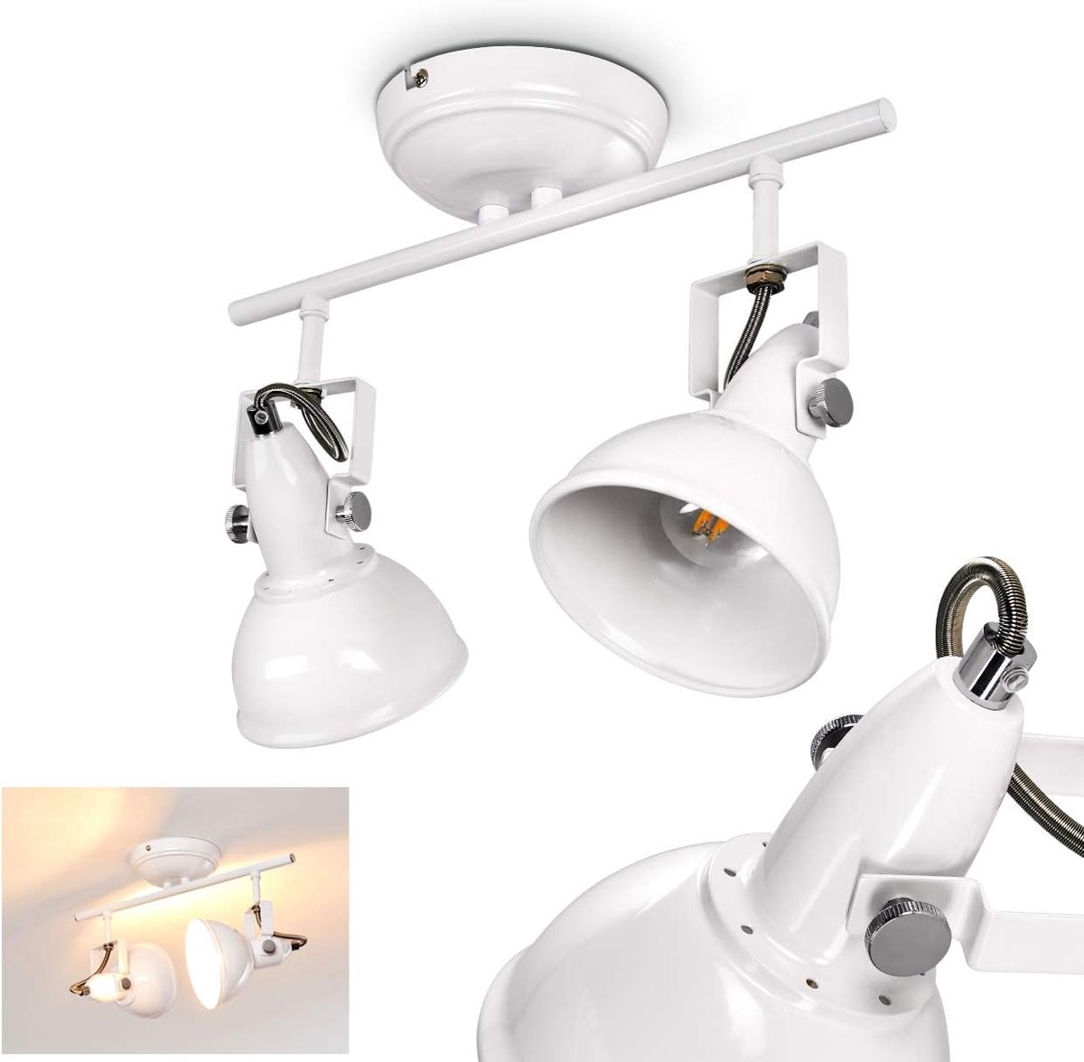 plafondlamp, metalen plafondlamp in wit, 2 vlammen, met verstelbare spots, 2 x E14 fitting, retro/vintage design spot, lampen niet inbegrepen