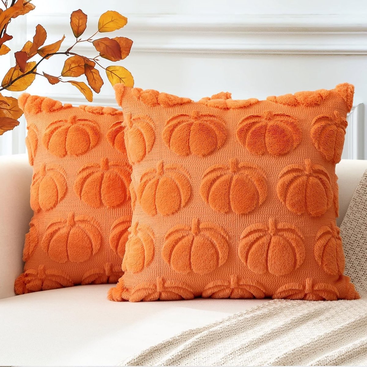 Herfst Kussenhoezen Set van 2 met Pompoen Motief voor Bank en Bed - Zachte Pluche Velours Kussens voor Halloween 45 x 45 cm Oranje