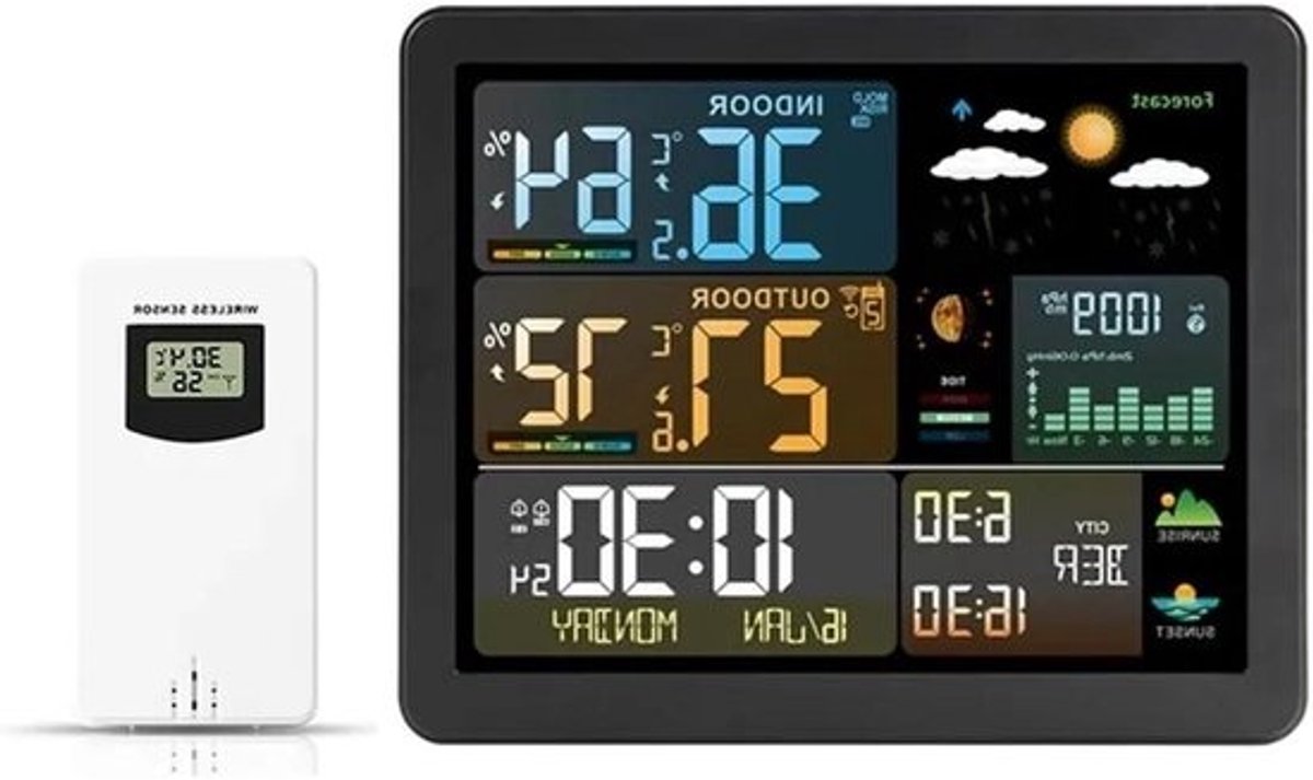 Draadloos Weerstation - Digitale Wekker - Weersvoorspelling Thuis - Groot Kleurendisplay - 172 cm - Zwart