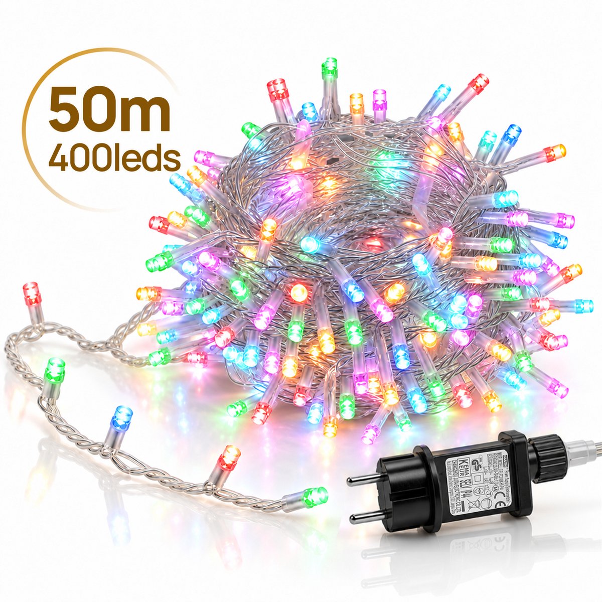 Lapamax LED Lichtsnoer - Kerstverlichting 50 m 400 LEDs Meerkleurig - Zonder Tail Plug - 31 V Laagspanning met Timer, Geheugen en 8 Lichtstanden - Kerstboomverlichting met Adapter en 3 m Aanloopsnoer