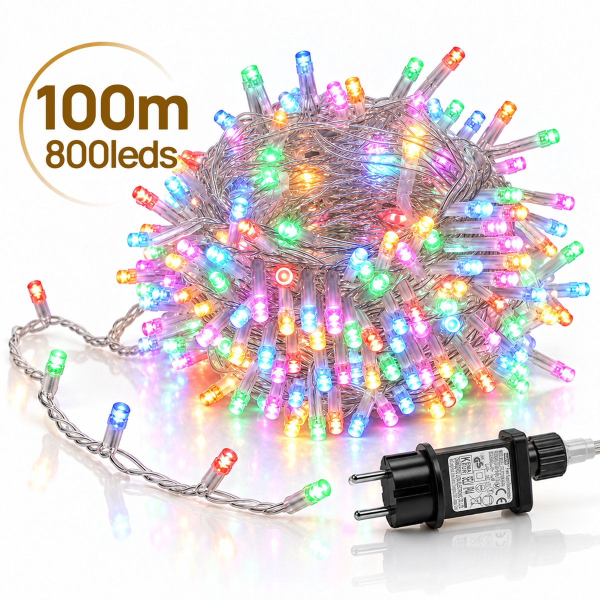Lapamax LED Lichtsnoer - Kerstverlichting 100 m 800 LEDs Meerkleurig - Zonder Tail Plug - 31 V Laagspanning met Timer, Geheugen en 8 Lichtstanden - Kerstboomverlichting met Adapter en 3 m Aanloopsnoer