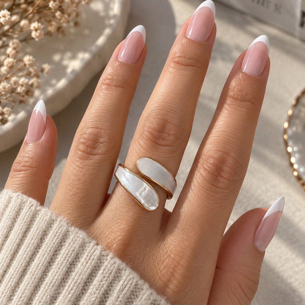 Aneplus Dames Ring Goudkleurig – Witte Statement Ring – Open Design – Elegante Moderne Ring voor Dames
