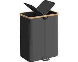 Wasmand 52 x 38,5 x 75 cm Zwart Inhoud van 150 liter Dubbele vakverdeling Met deksel tegen geurtjes+afneembare binnenzak Stevige en duurzame constructie Waterafstotend en gemakkelijk te reinigen Geschikt voor wasruimte, slaapkamer en woonkamer