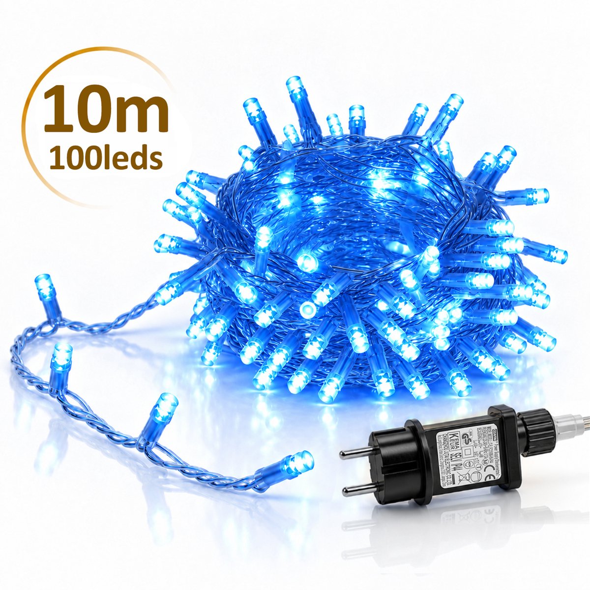 Lapamax LED Lichtsnoer - Kerstverlichting 10 m 100 LEDs Blauw - Zonder Tail Plug - 31 V Laagspanning met Timer, Geheugen en 8 Lichtstanden - Kerstboomverlichting met Adapter en 3 m Aanloopsnoer
