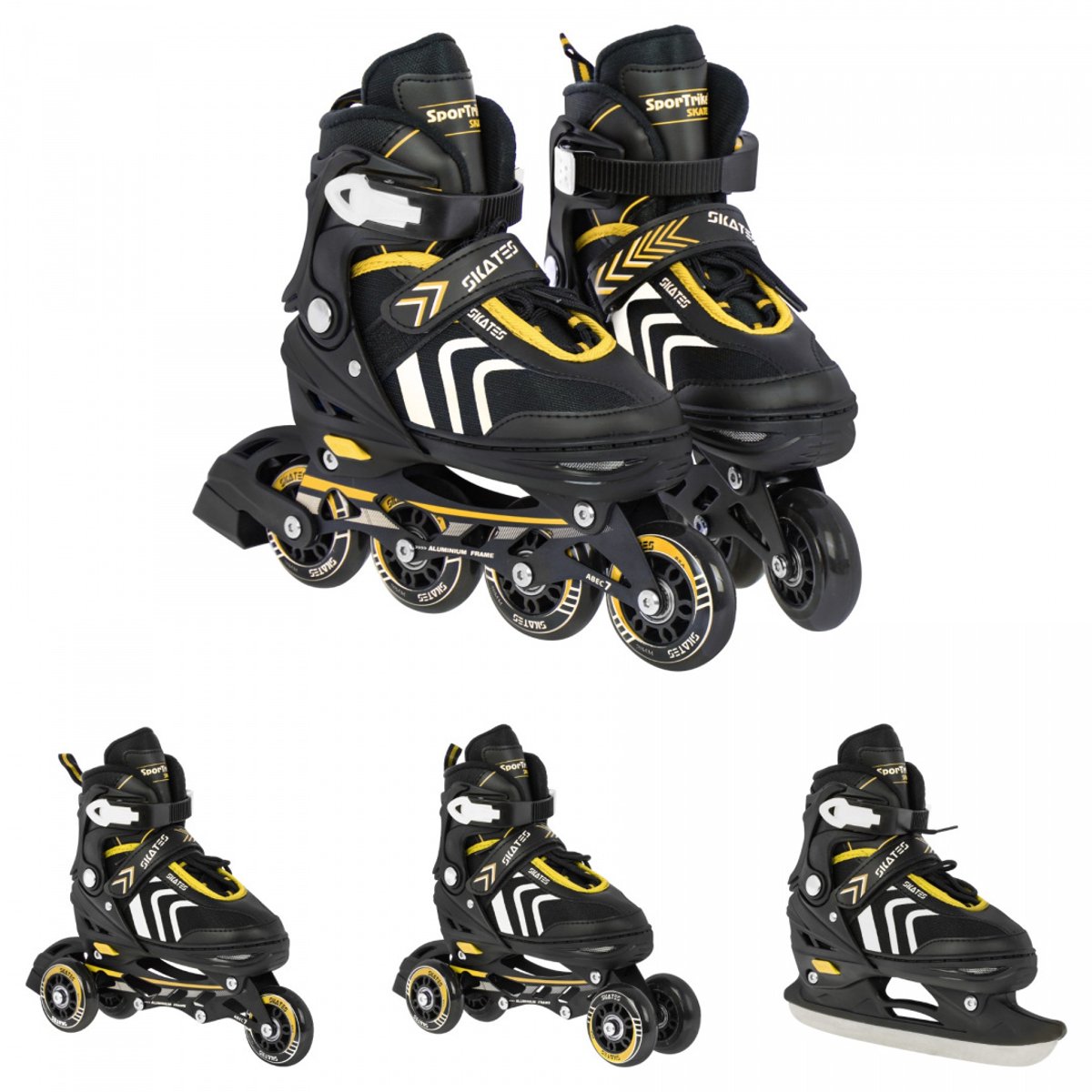 Playos® - Skeelers - 4 in 1 - Zwart/Geel - maat 29 tot 33 - Verstelbaar - Inline Skates - Schaatsen - Rolschaatsen