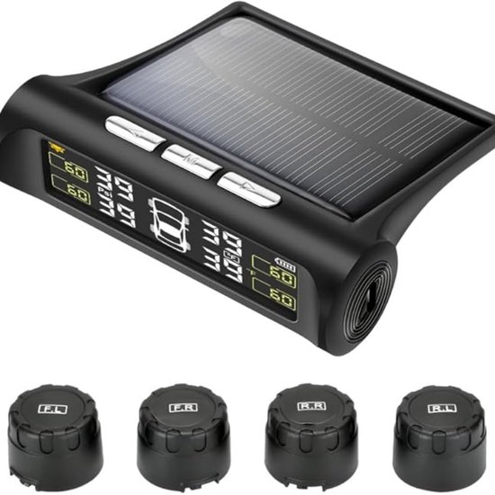 Ulisem - Draadloos Bandenspanningscontrolesysteem Solar USB Oplaadbaar 4-Wiel Real-Time TPMS Display - Universele Auto Bandenspanning Monitor - Lek & Hoge/Lage Druk Alarm - Temperatuur Alarm - Zonne-Energie & USB Opladen - IP67 Waterdicht