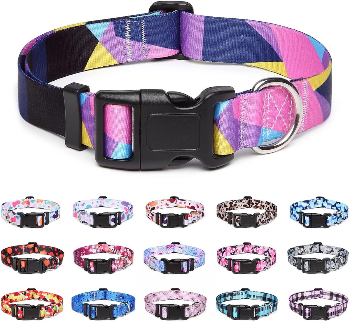 verstelbare nylon halsband met patronen, zachte comfortabele halsband voor kleine tot middelgrote honden (M, Paarse geometrisch)