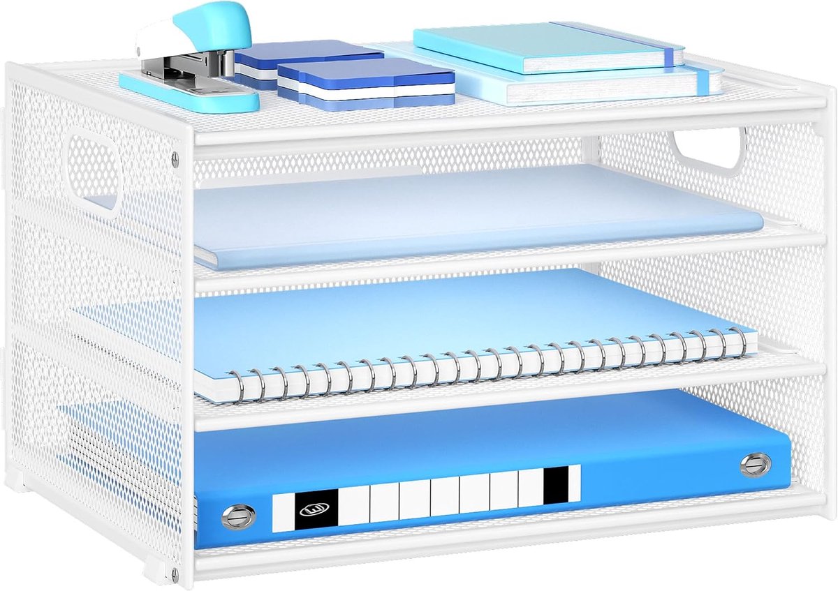 Bureau-organizer, 4 niveaus, brievenbak van net met handvat, tijdschriftenhouder, papieropbergstandaard, organizer voor archiefdozen voor kantoor, thuis (Wit)