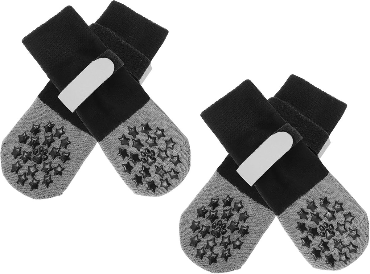 4 stuks antislip hondensokken met reflecterende verstelbare banden, huisdiersokken voor honden, pootbescherming voor houten vloeren, zwart-grijs, groot