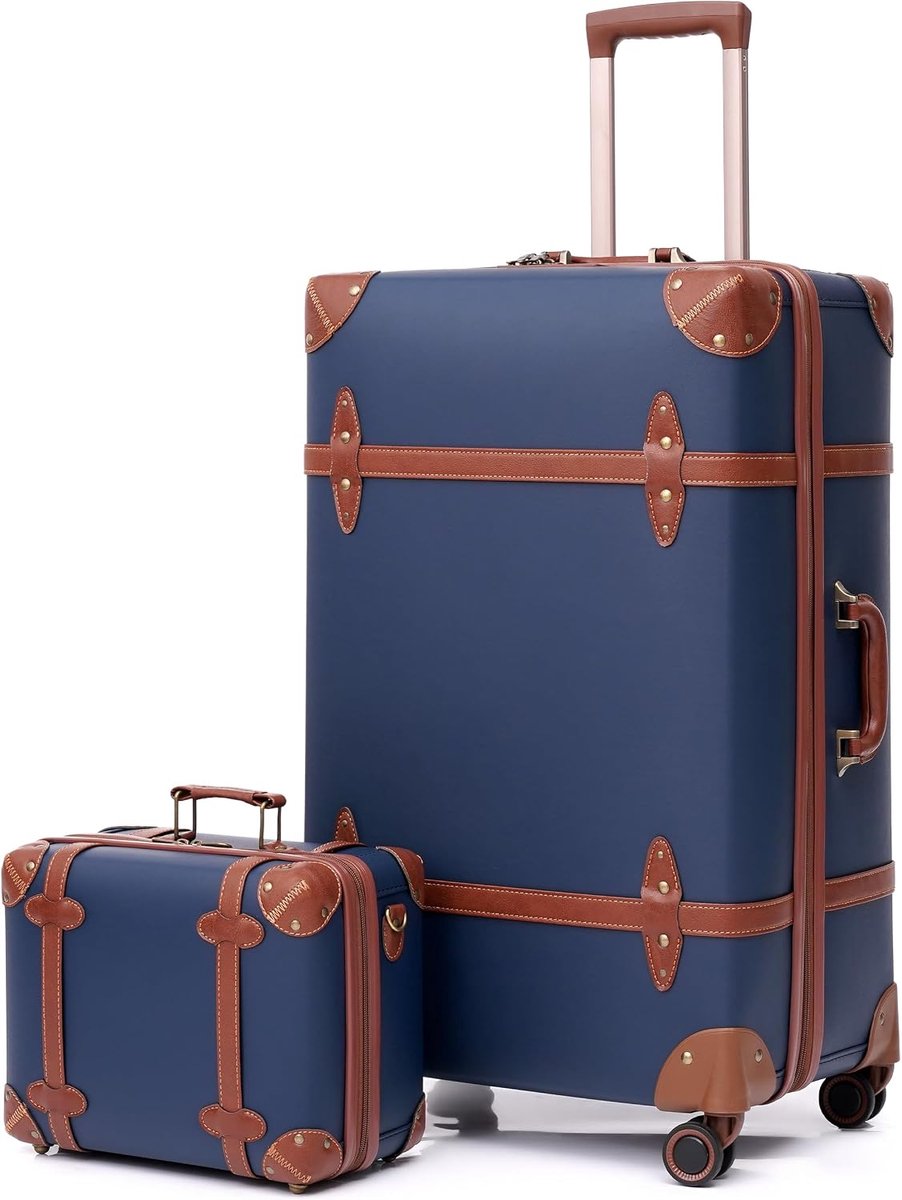Vintage reiskofferset, 4-delig, licht, retro, lederen koffer, harde schaal, trolley, handbagage, sets met TSA-slot en 8 wielen (S-M-L-XL), blauw, S(14")+XL(28")