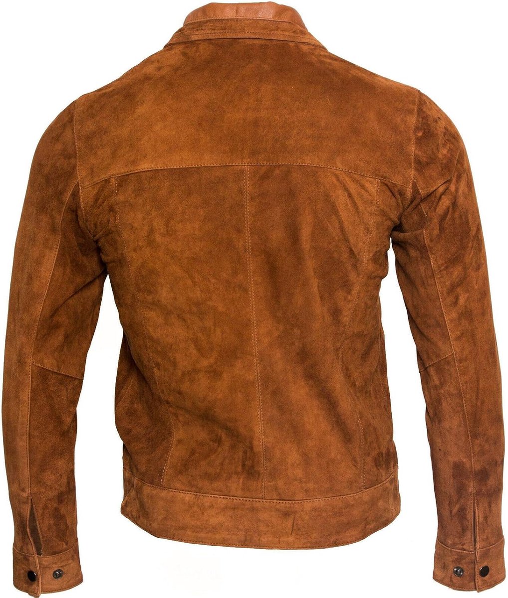 Retro Bruin Tan 100% Geit Suede Lederen Harington Biker Jacket