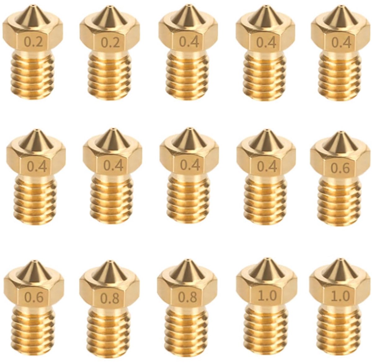 15-delige messing sproeierset voor Anycubic Kobra, 3D-printers, 7 spuitmonden van 0,4 mm en 2 0,2 mm, 0,6 mm, 0,8 mm, 1,0 mm messing spuitmonden voor Anycubic Mega, Mega X, Chrion, Kobra