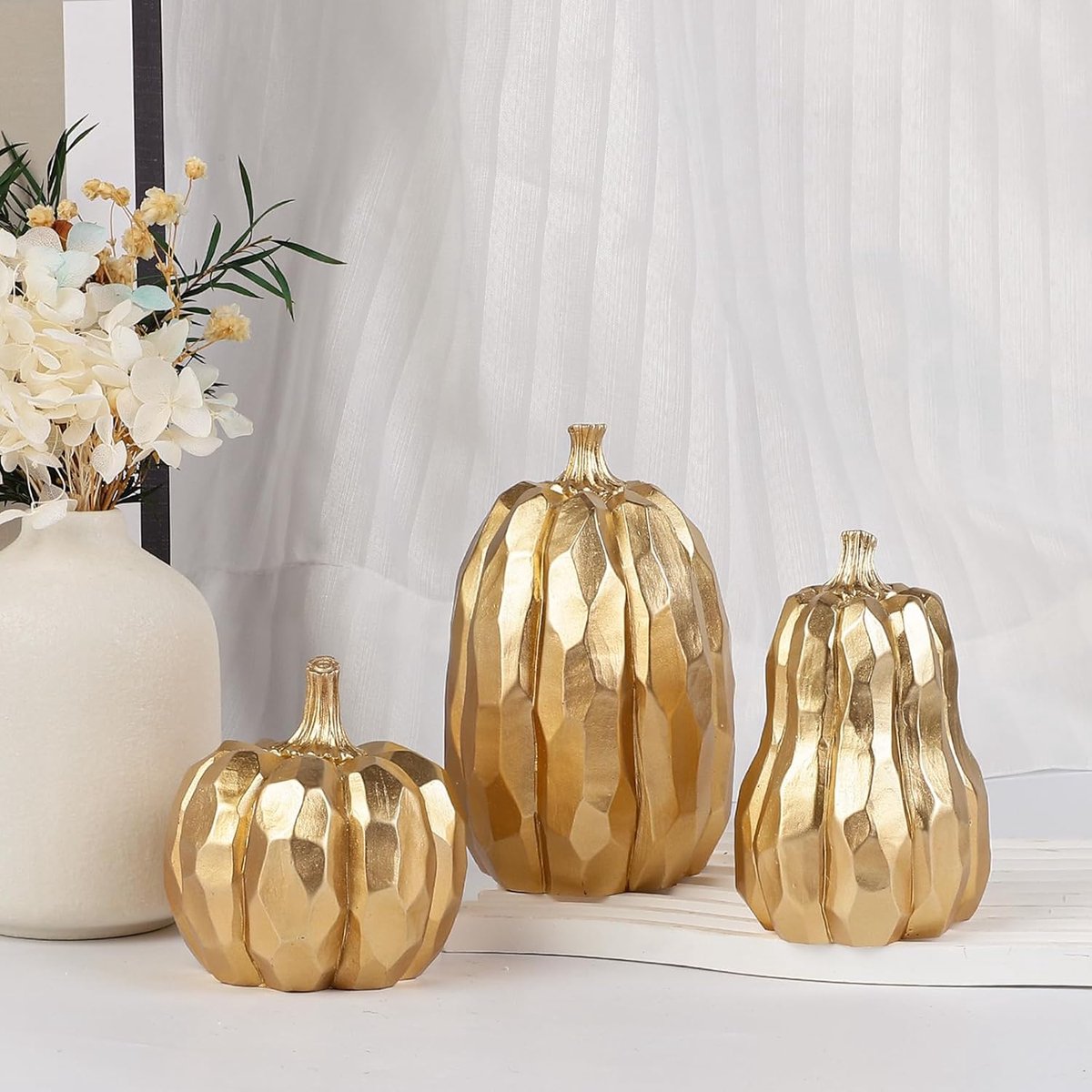 Set van 3 gouden kunstmatige pompoenen voor herfst tafelbladdecoratie indoor nephars pompoenen beeldjes herfst oogst Thanksgiving decoraties voor tafel middenstuk open haard thuis