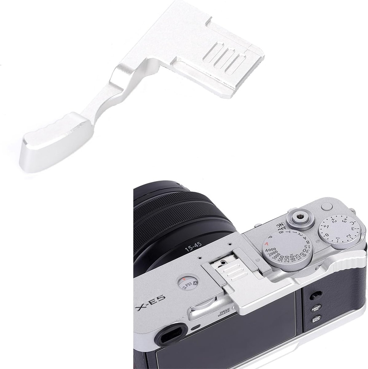 Duimgreep voor Fujifilm Fuji X-E5-camera, XE5 Duimomhoog-steun, antislip vingergreep, hot shoe mount duimondersteuning verbeterde grip voor fotografie met één hand (zilverkleurig)