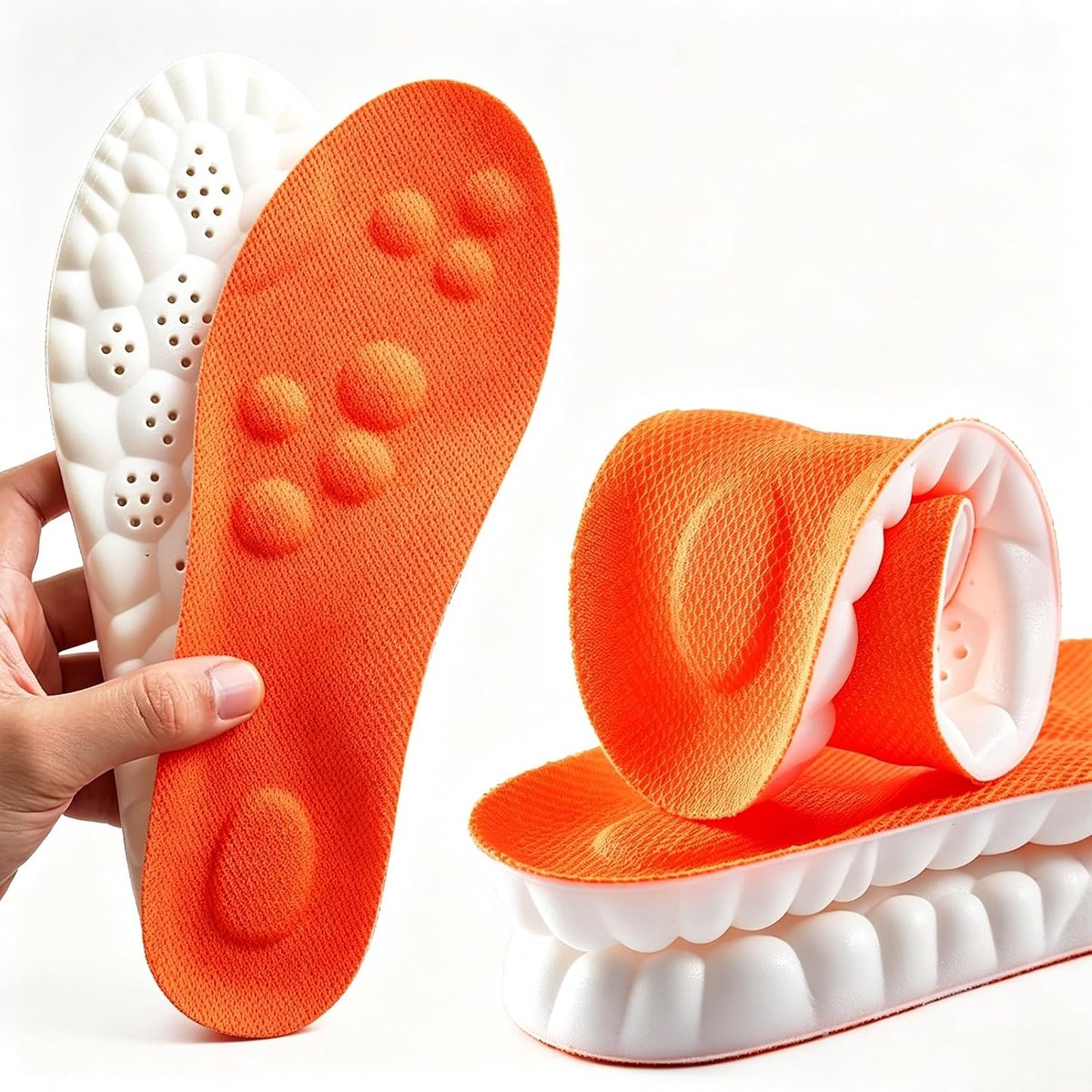 Inlegzolen met boogondersteuning voor dames en heren, comfortabele massage inlegzolen vervangende schoeninzetstukken voor trainers, sneakers, werklaarzen, ademend(37.5/38EU, oranje)