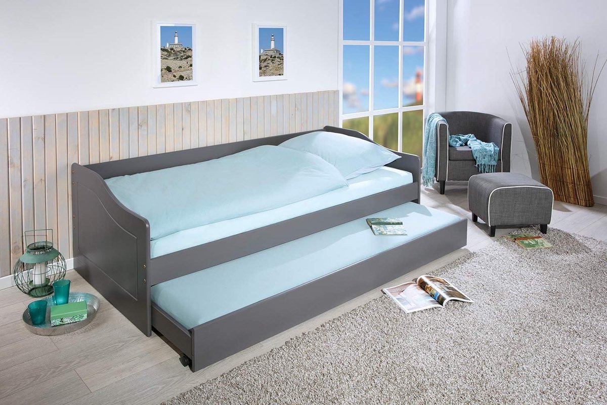 Link slaapbank met 2 slaapplaatsen, massief hout, grijs, 90 x 200 cm, voor kinderkamer, logeerkamer of slaapkamer