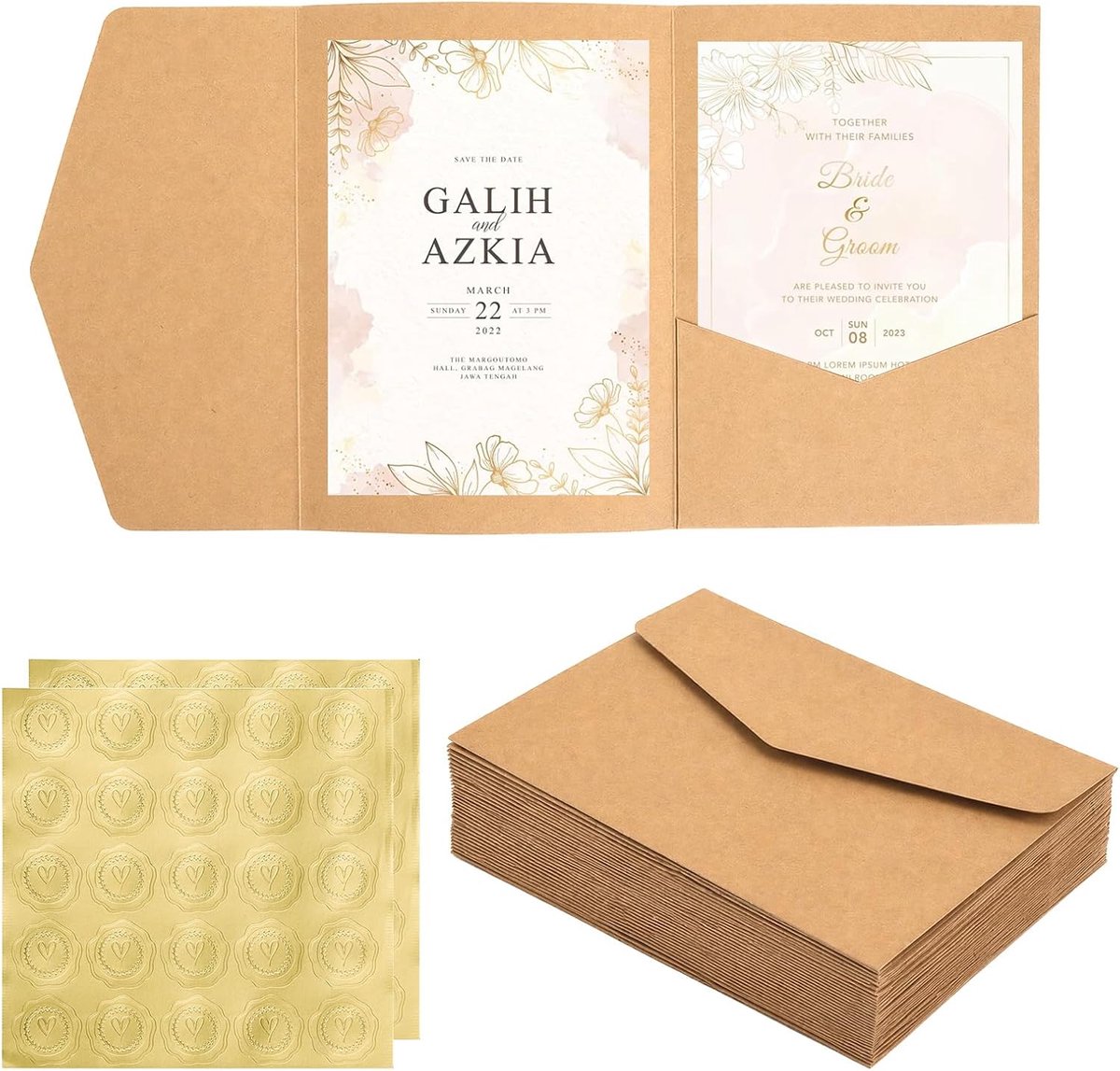 30 pocketfold enveloppen kraftpapier DIN A6 met 50 hartzegelstickers