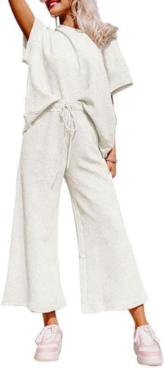 outfits voor dames, getextureerd, sweatpak, 3/4 mouwen, ronde hals, pullover, top, wijde pijpen, broek, trainingspak, set
