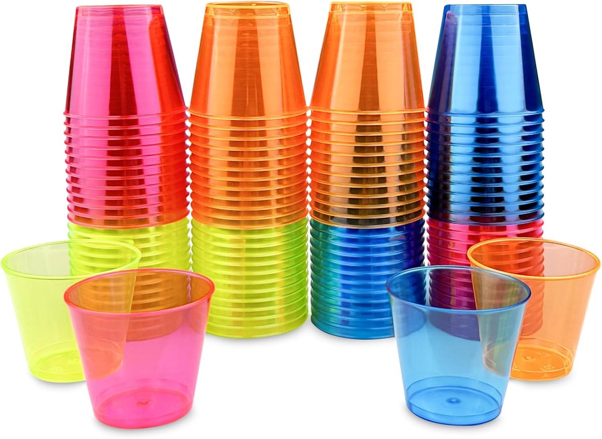 100 stuks wasbare tumblers van hard plastic, shotglazen, gekleurde tumblers van hard plastic, herbruikbare shotglazen voor onderweg (30 ml), voor verjaardagen, feesten, proeverijen