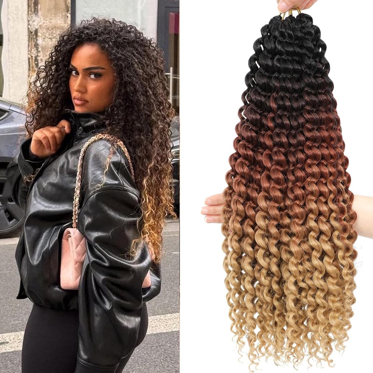 Curly Wave Small voor vrouwen, 45 cm, zacht, diep golvend synthetisch gehaakt haar, twist, boho, krullend, machine, gemaakt met veren haarextensie. (1B/30/27, 55 cm)