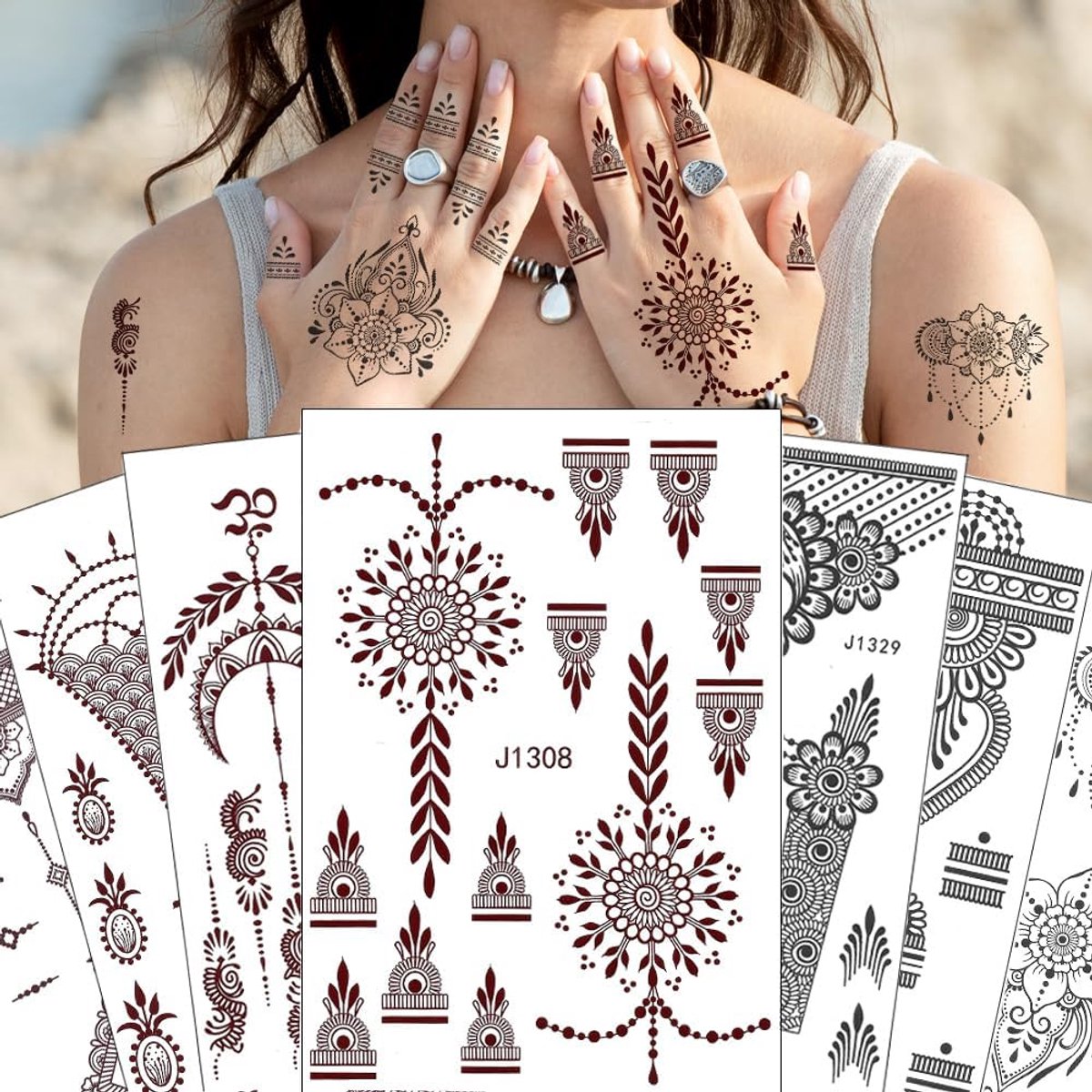 12 vellen Mehndi 2024 bruine tatoeagestickers, tijdelijke tatoeages, set, waterdicht, nep-tatoeagestickers voor hand, arm, volwassenen, vrouwen, meisjes