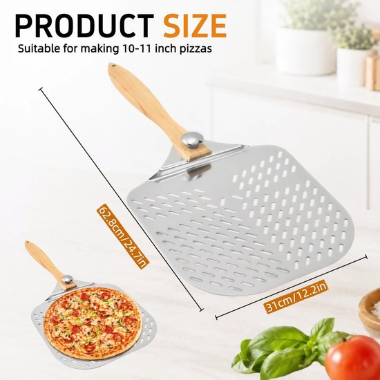 Aluminium pizzaschep van roestvrij aluminium, pizzaschep, professionele pizzaschep, XXL pizzaschep met gevormde gaten, pizzaschep (zilver) — afbeelding 2