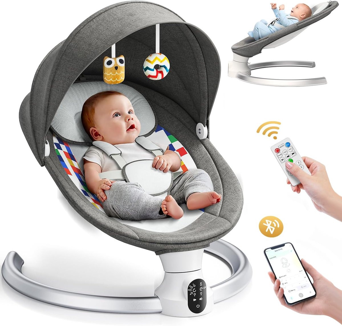 Babywip met afstandsbediening en bluetooth-besturing voor smartphone-verbinding, babyschommel met 5-punts veiligheidsgordel, met 5 breedtes, 3-traps timer