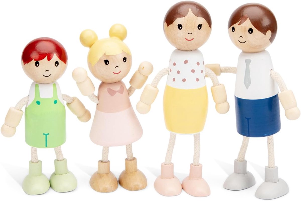 Speelgoedfamilie van hout voor kinderen, set van 4 figuren, accessoires voor poppenhuis, imitatiespel, vanaf 3 jaar, cadeau voor kinderen