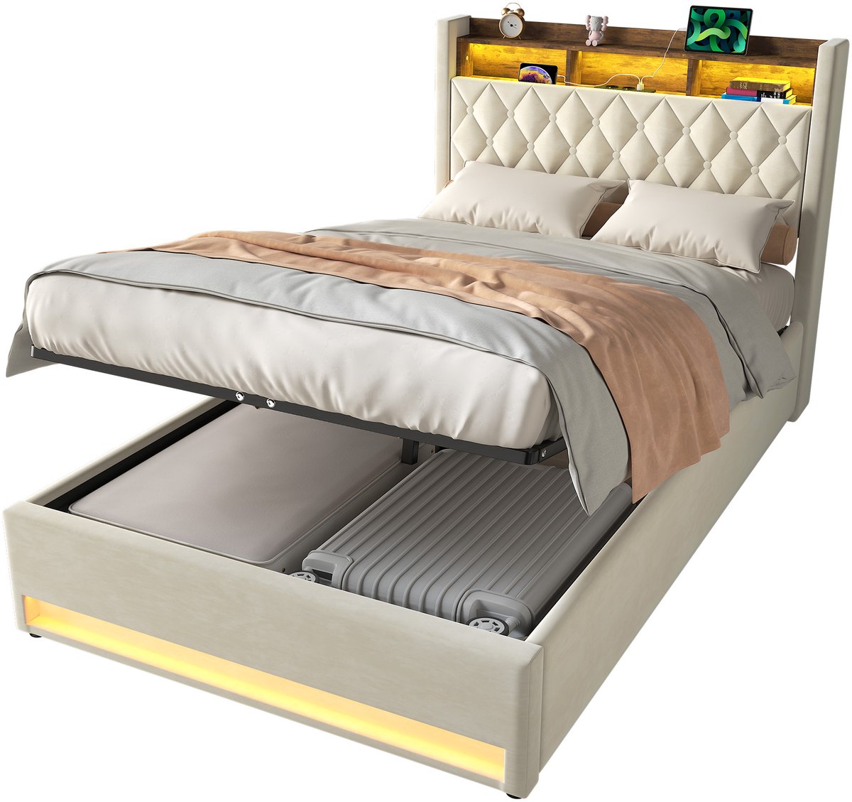 MEUNIQ Gestoffeerd bed 140x200 cm met lattenbodem, fluwelen bedframe met bekleed hoofdbord en metalen ondersteuning, beige