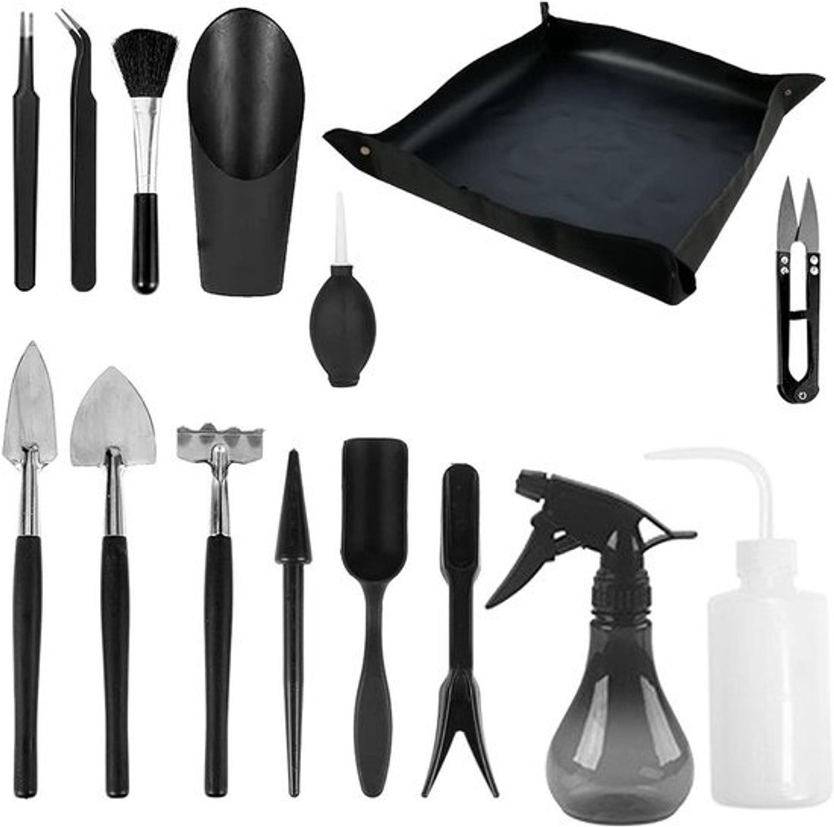 Gereedschapsset Tuin - Mini Handgereedschap - Planten Verzorgen - 15 Delige Set - Lichtgewicht - Zwart