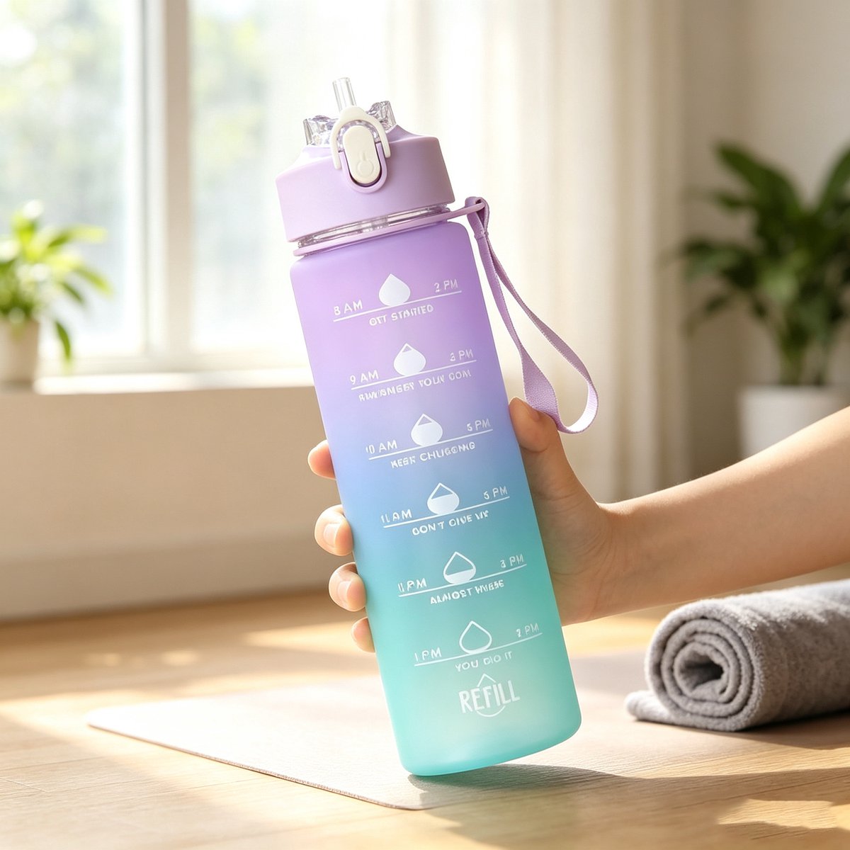 Drinkfles 750 met rietje en tijdmarkering BPA-vrij lekvrije éénklik dop sport waterflesh met draaglu paars verloop