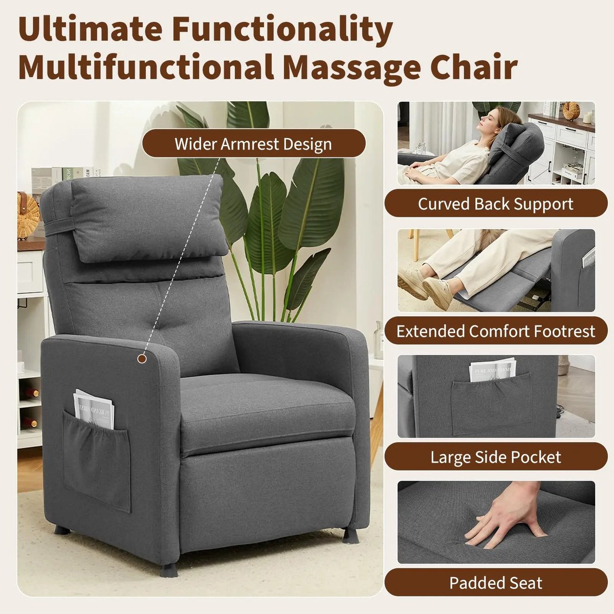 Gudalio Relaxfauteuil - Massagestoel - Relaxstoel - Elektrische Stoel - Ligstoel - Verwarming - Voetsteun - Zijvak - Massage - Grijs – foto 2