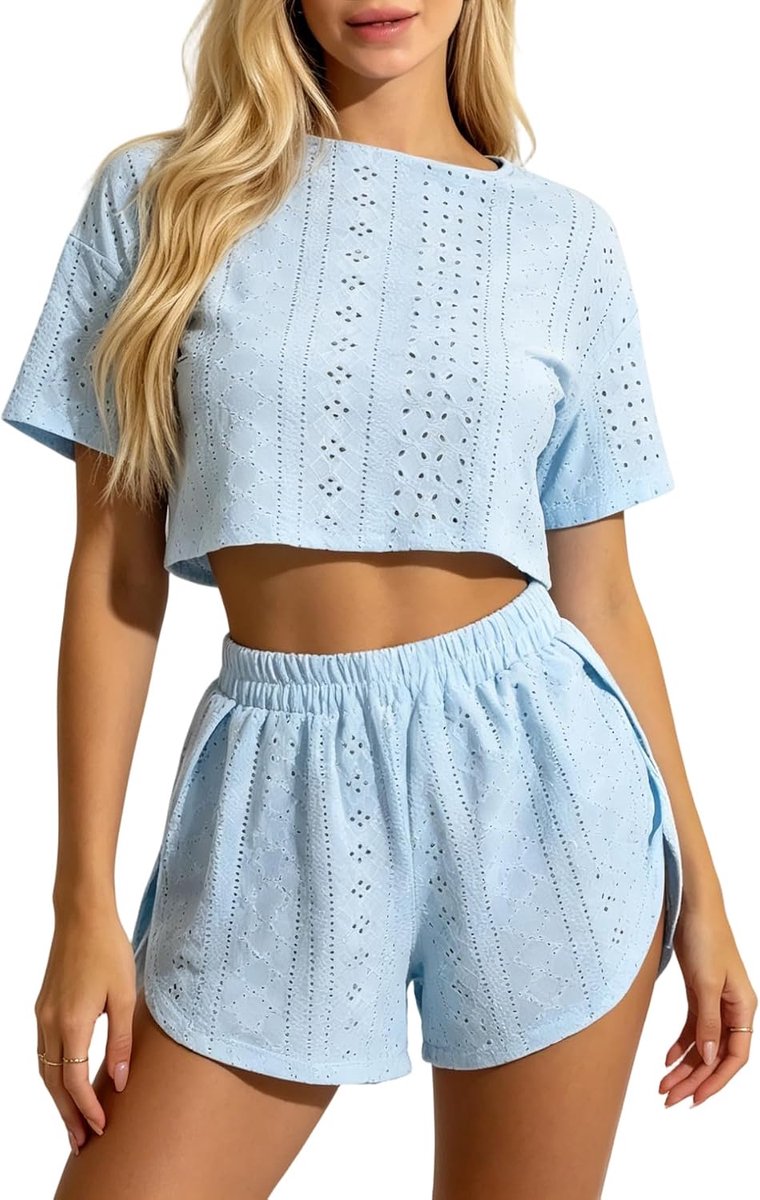 Pyjama Set 2 Delig Zomer Korte Y2K Sleepwear Mouw Crop Top Shorts Loungewear Set Katoen Gebreid Opengewerkt Babydoll Nachtkleding Casual Huispak Soft Slaapset Zacht Elastisch Homewear Vakantie