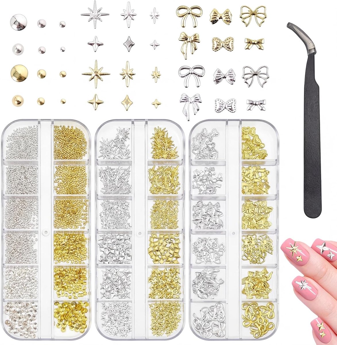 3 dozen nagelbedels goud zilver, nail art accessoires, nagelbedels voor nagels