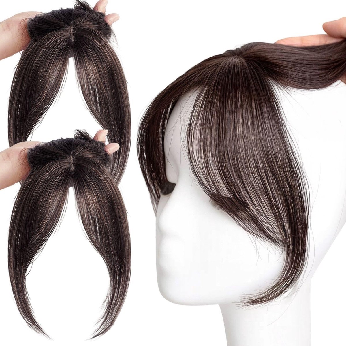 2 Stuks Echte Haarstukjes Met Pony, Clip-On Ontwerp Om De Punt Van Het Haar Te Bedekken, Donkerbruine Pony Clip, Dag-En Feeststyling Accessoires.