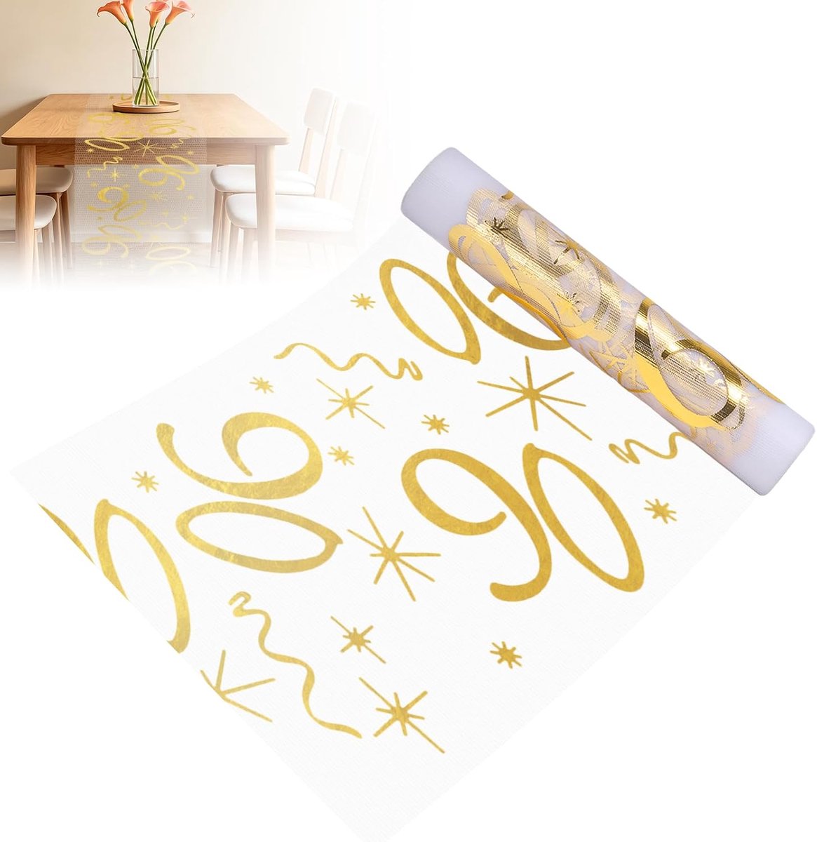 90 Jarig Jubileum Tafelloper Goud 28cmx10m, Herbruikbare Polyester Tafeldecoratie Op Maat Te Snijden, Glanzende Warmdruk Tafelloper Voor Mannen Vrouwen Verjaardagsfeest Jubileumdecoratie