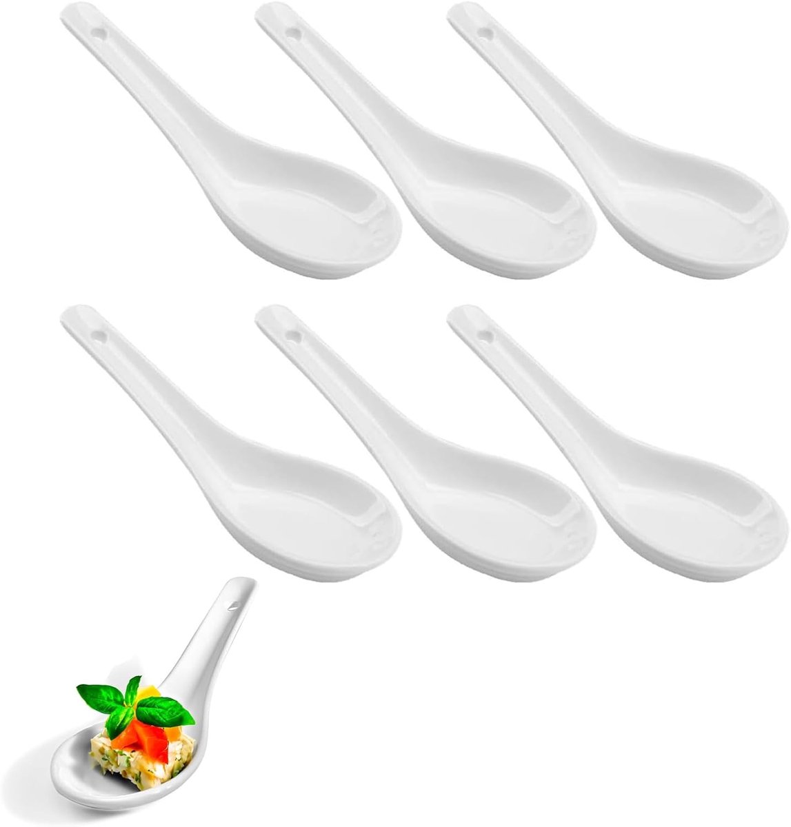 Soeplepels van keramiek, 6 stuks, soeplepels, porselein, wit, serveerlepel, diplepel, aperitief, voor rijstkommen, ramen, voorgerechten, desserts