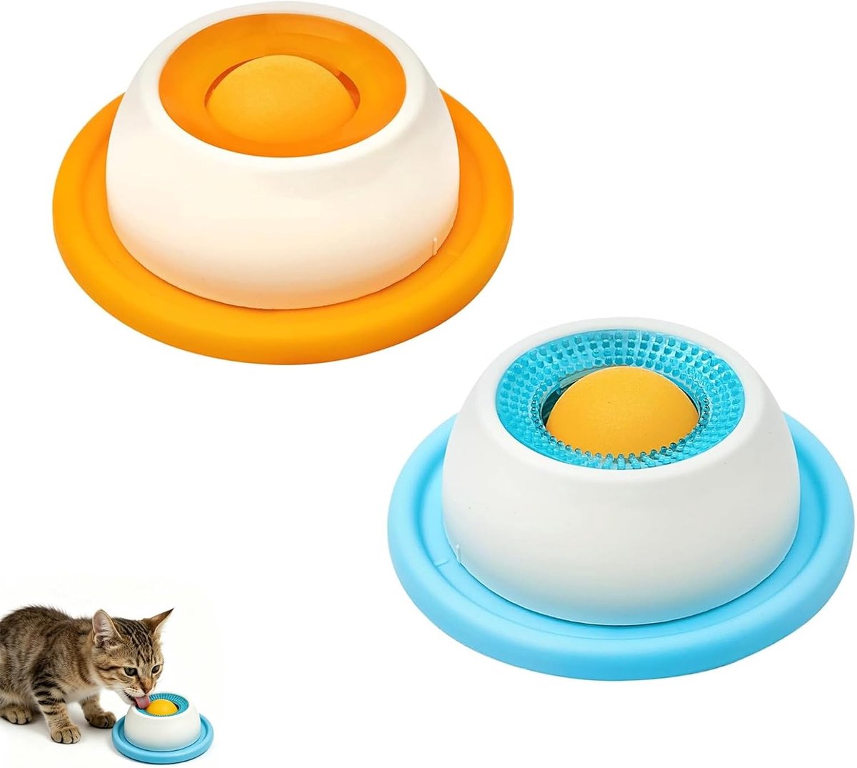 Likbak voor honden, 2 stuks, likkom met draaibare bal voor honden en katten, Lick Sphere Slow Feeder Lick Bowl, Likbal, speelgoed voor huisdieren (oranje en blauw)