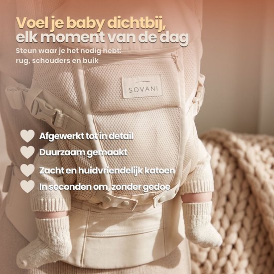 Sovani Adapt - Draagzak - Ergonomische Baby Draagzak 0-36mnd - Luxe Buikdrager tot 15 kg - OEKO-TEX Katoen - Handsfree Comfort - Met Rugsteun - Beige — afbeelding 3